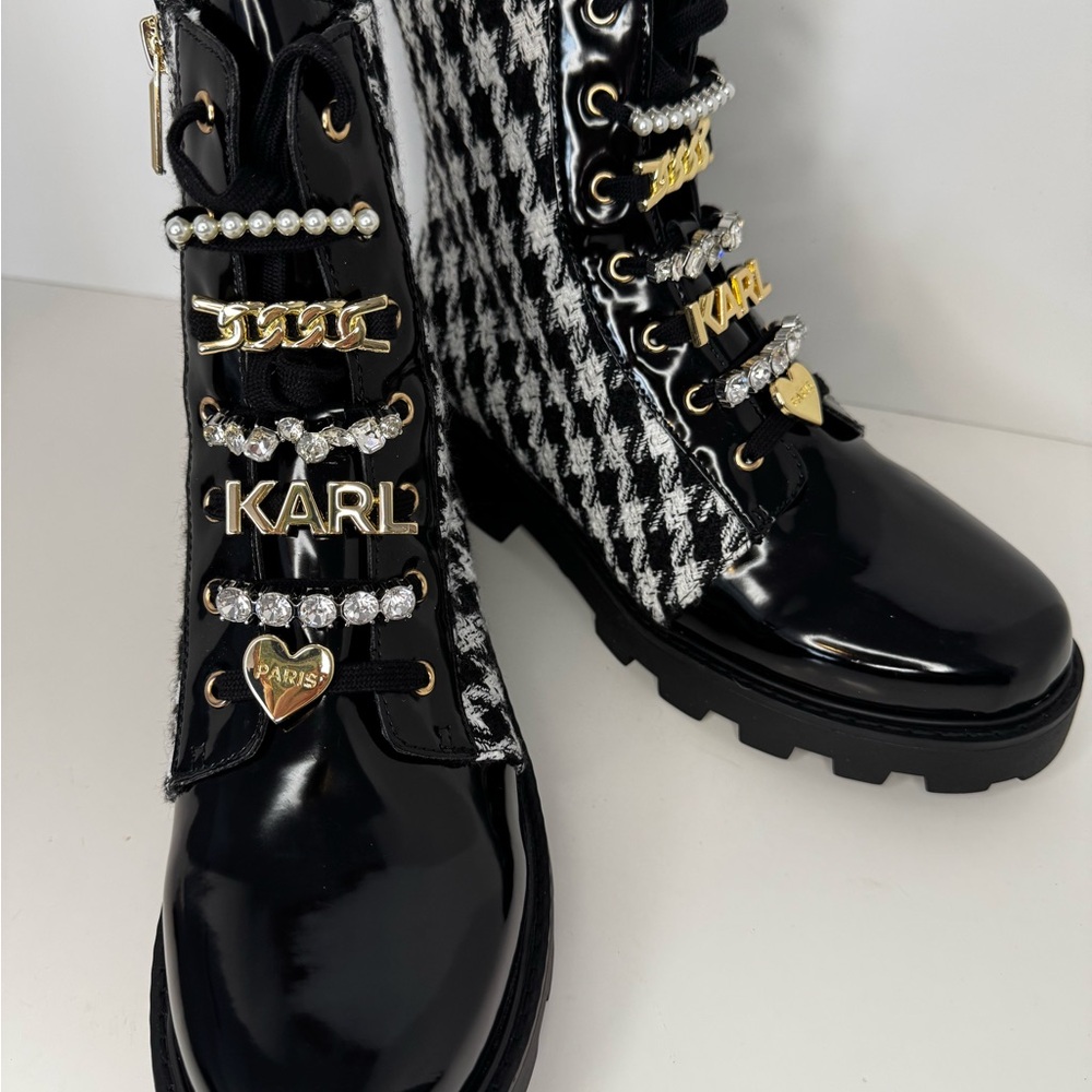 New Karl Lagerfeld Mela Tweed Black/White Combat Boots - Picture 3 of 12